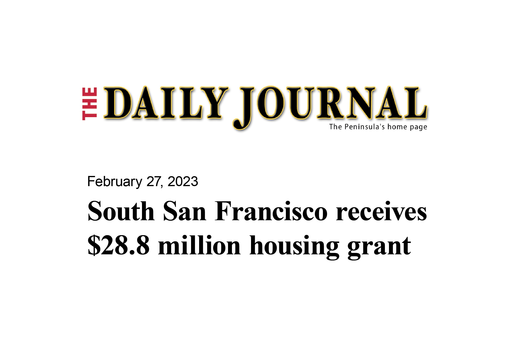 Daily Journal article on the affordable housing grant